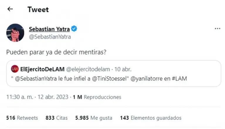 Sebastián Yatra cruzó a Yanina Latorre por decir que le fue infiel a Tini Stoessel con Aitana: "Pueden parar de decir mentiras"