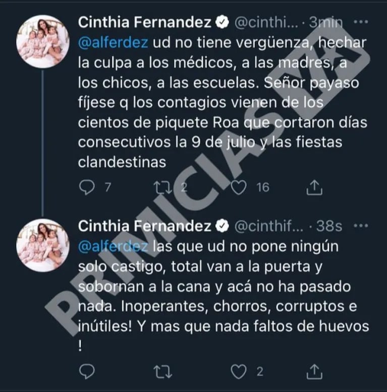 Los tremendos tweets de Cinthia Fernández contra el Presidente que fueron denunciados: "¡Usted no tiene vergüenza!"