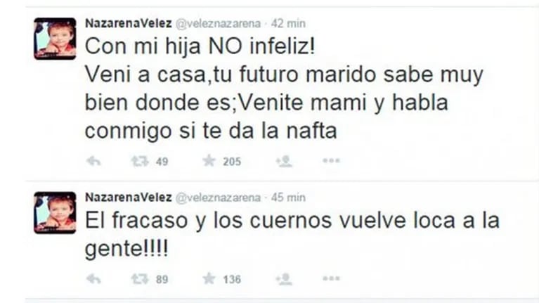 Tremendos tweets de Nazarena Vélez, que luego borró (Fotos: Captura). 