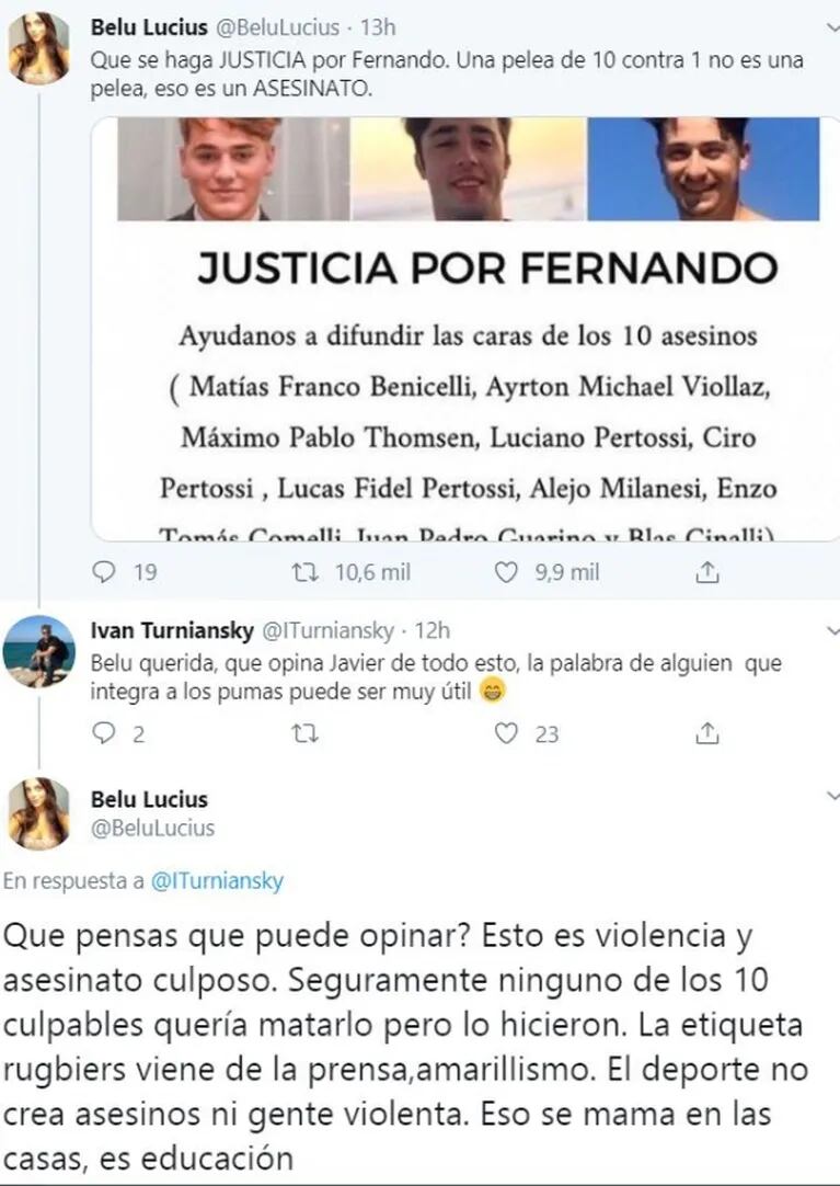 Polémica por la opinión de Belu Lucius sobre el asesinato de Fernando Báez Sosa: "Seguramente ninguno de los 10 culpables quería matarlo"