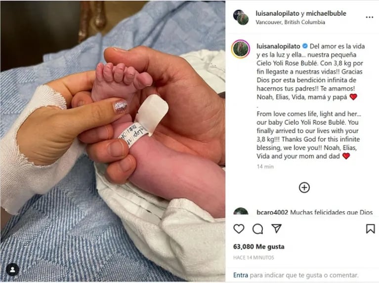 Luisana Lopilato y Michael Bublé fueron padres por cuarta vez: nació Cielo Yoli Rose 