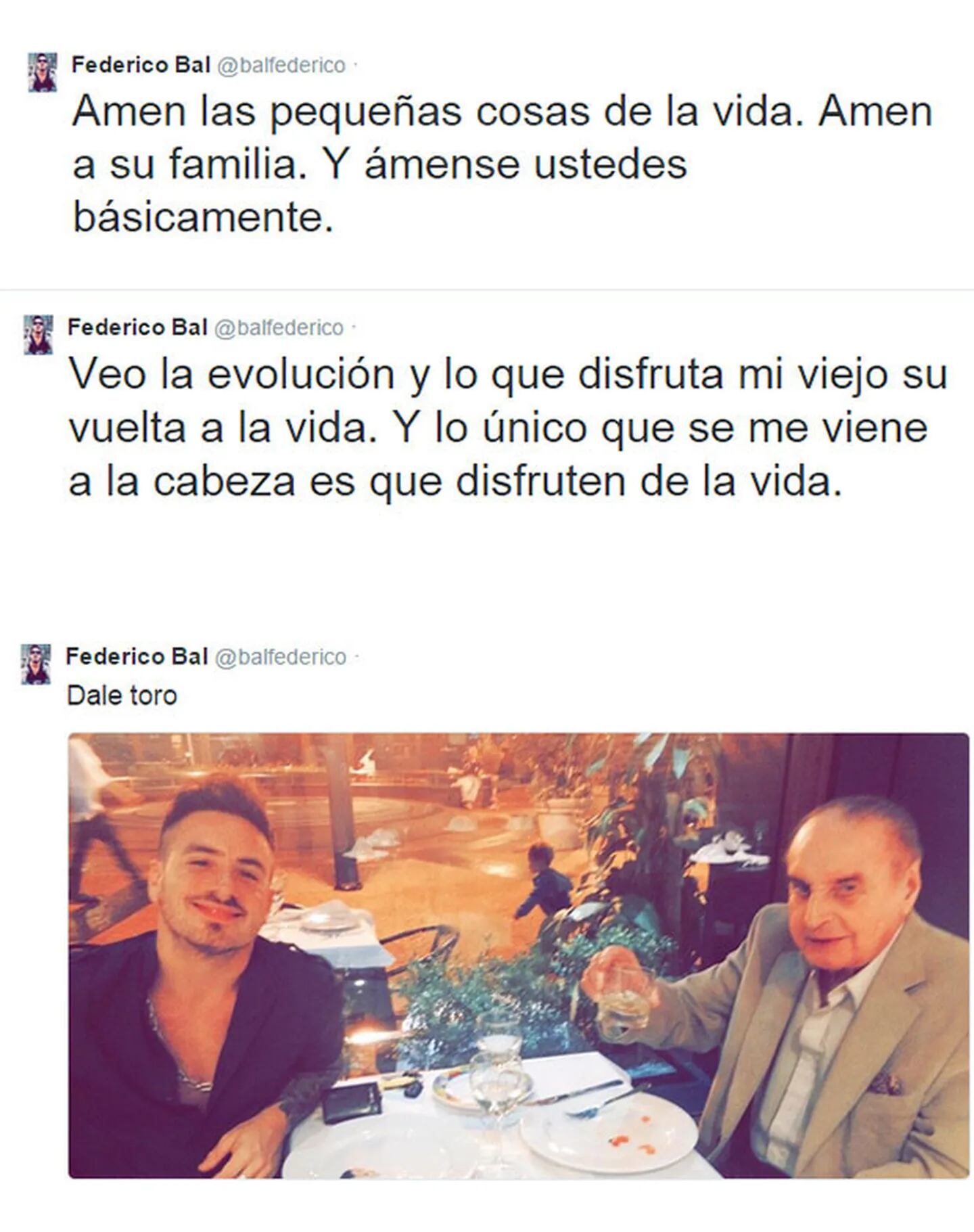 Santiago y Federico Bal, cena y brindis por la vida: "Amen las pequeñas cosas" (Foto: Twitter)