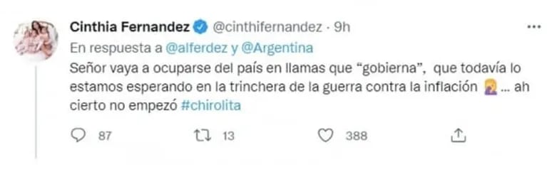 Cinthia Fernández le dedicó un fuerte tweet a Alberto Fernández: "Vaya a ocuparse del país en llamas"