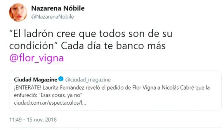 Duro palito de Nazarena Nóbile a Laurita Fernández: "El ladrón cree que son todos de su condición"