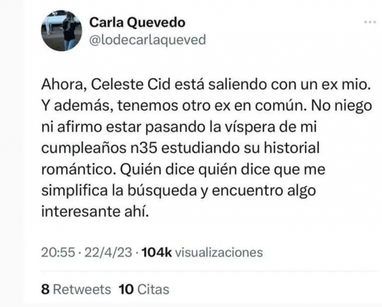 Carla Quevedo ventiló que fue la última novia de Abril Sosa y de otro ex famoso de Celeste Cid 