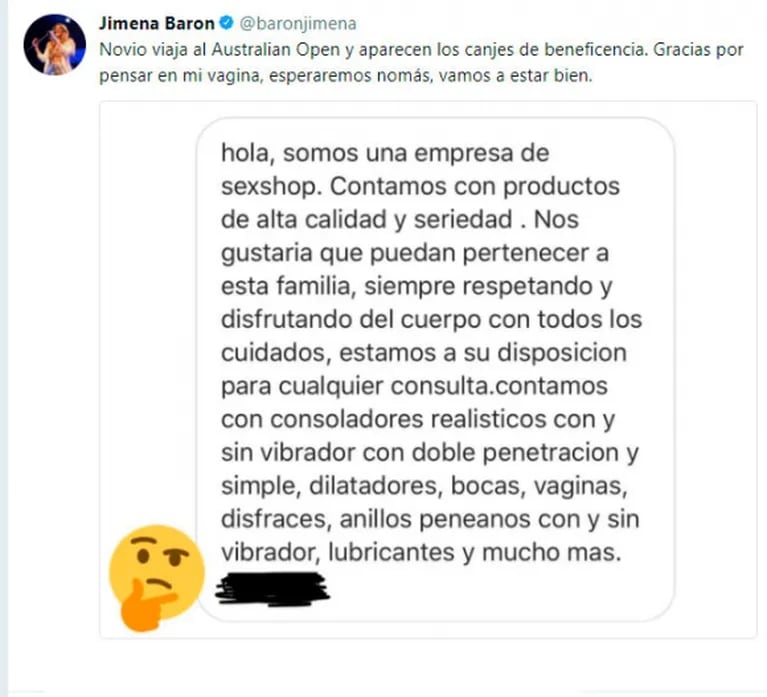 La desopilante reacción de Jimena Barón tras recibir un mensaje privado... ¡de un sex shop!: "Mi novio viaja y aparecen los canjes"