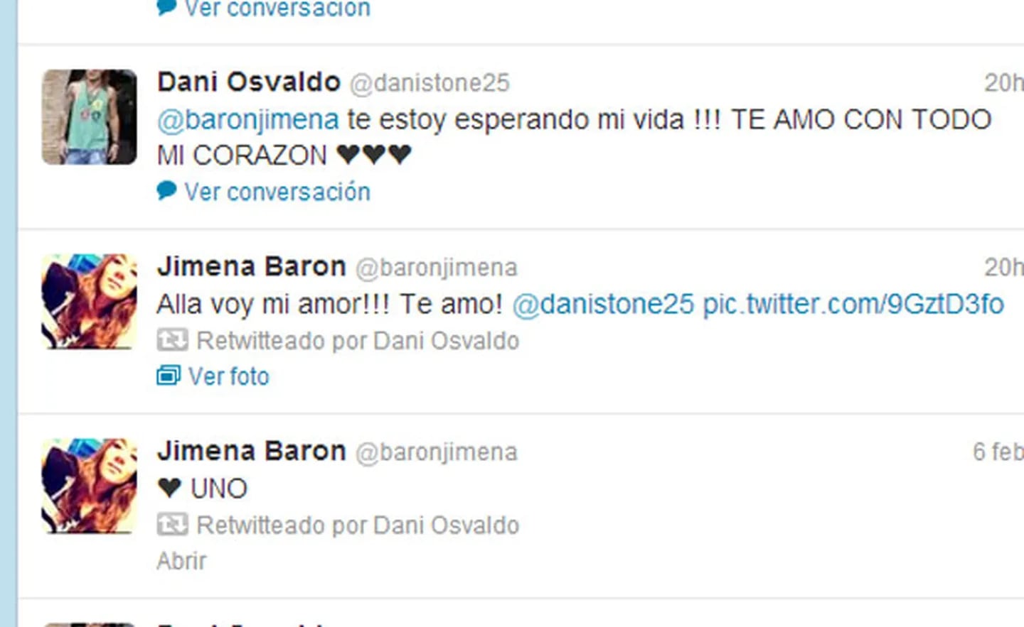 El romántico intercambio de tweets de Jimena Barón y Daniel Osvaldo (Foto: Captura). 