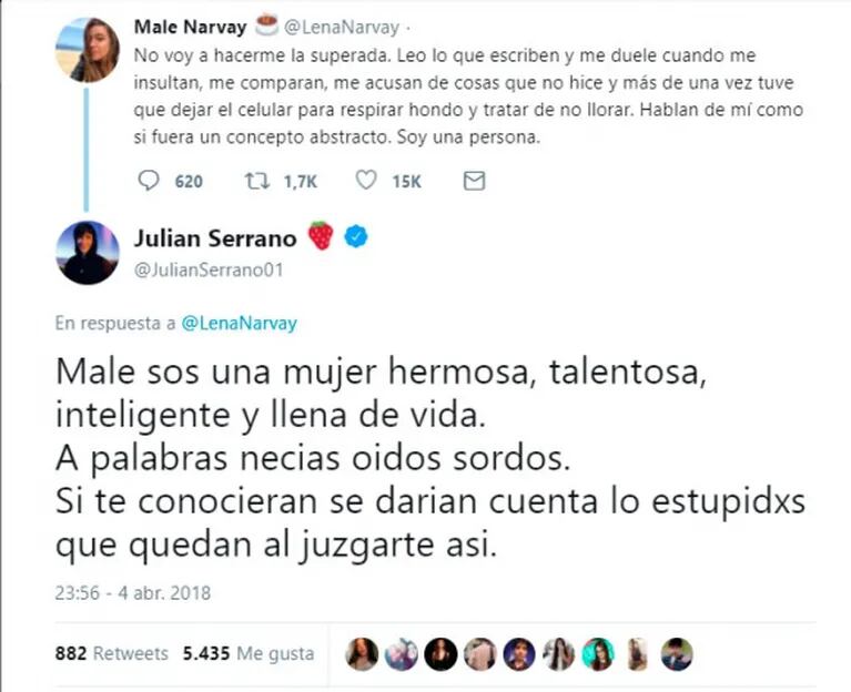 Julián Serrano salió a bancar a Malena Narvay tras las críticas: "Si te conocieran, se darían cuenta lo estúpidos que quedan al juzgarte"