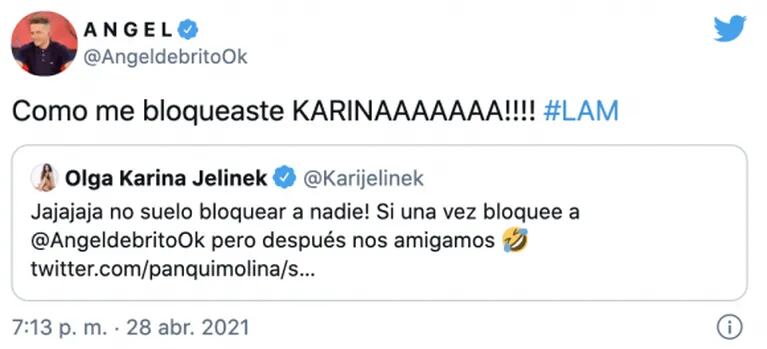 La reacción de Ángel de Brito luego de que Karina Jelinek revelara que lo bloqueó en las redes sociales: "Karinaaaa"