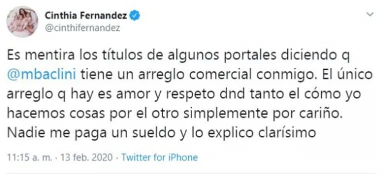 Fuerte tweet de Cinthia Fernández después de que Baclini revelara que la ayuda económicamente: "Nadie me paga un sueldo"