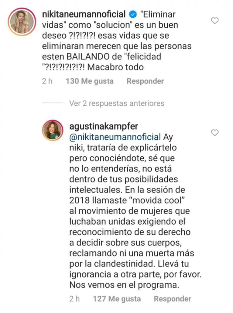 Feroz réplica de Agustina Kämpfer a una crítica de Nicole Neumann por celebrar la media sanción del aborto legal: "No está dentro de tus posibilidades intelectuales"