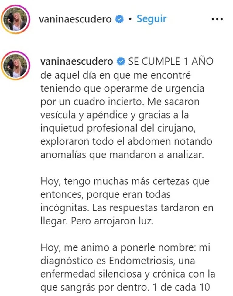 Vanina Escudero habló de la enfermedad crónica que padece y recordó su internación: "Mi diagnóstico es endometriosis"