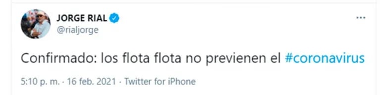 Polémico tweet de Jorge Rial tras el positivo de covid de Luis Brandoni: "Los flota flota no previenen el coronavirus"