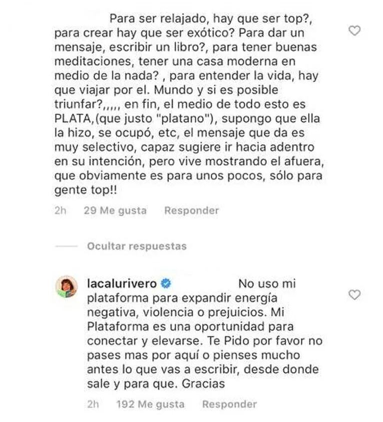 Calu Rivero echó a una seguidora de su Instagram que cuestionó su actitud 'top': "No pases más por aquí"