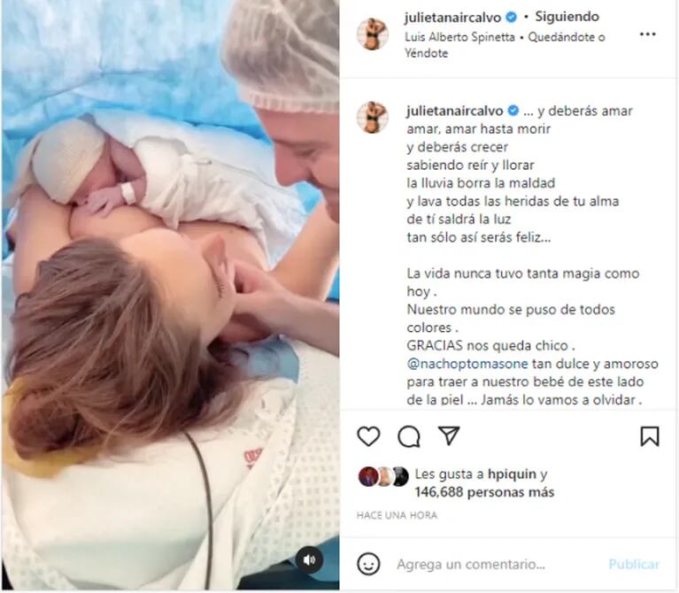Julieta Nair Calvo fue mamá y presentó a su hijo con un video del parto: "Bienvenido, Valentino"