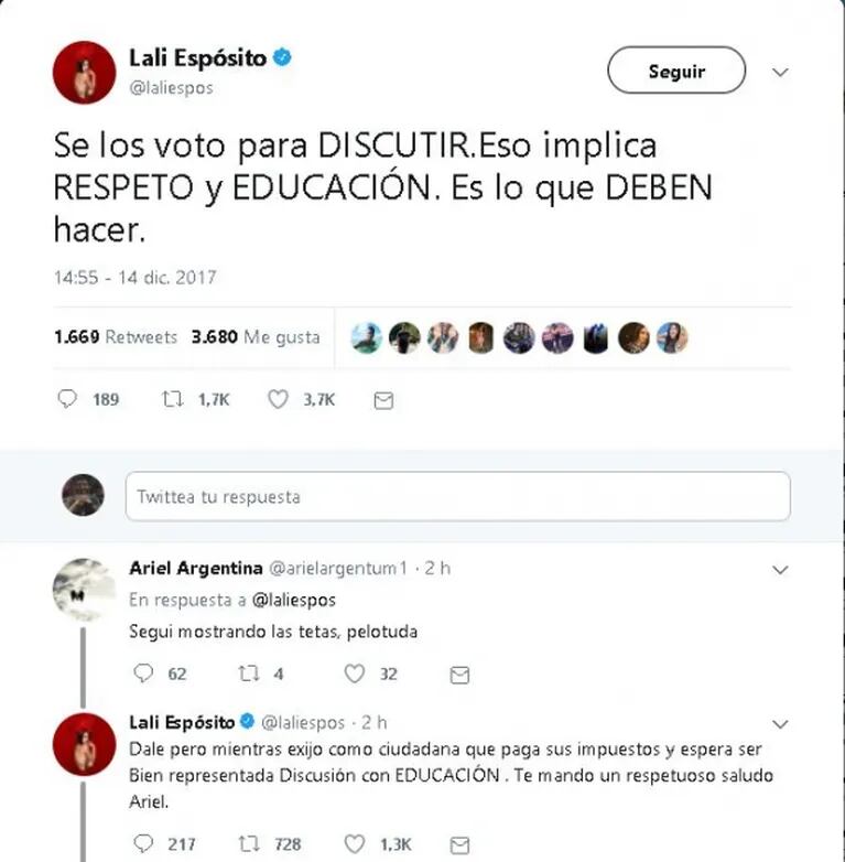 La respuesta con altura de Lali Espósito a la agresión de un usuario de Twitter, tras un mensaje sobre los incidentes en el Congreso