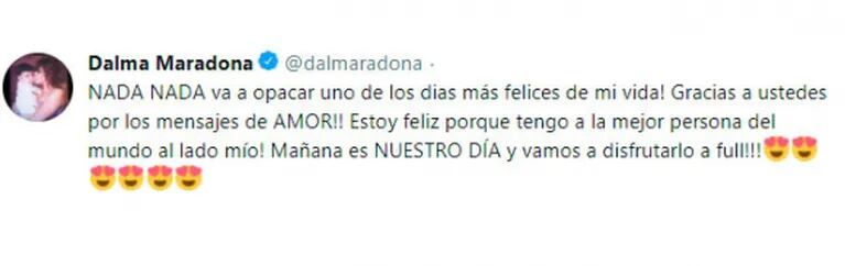 En Dubai dan como confirmado que Maradona no viajará al casamiento de su hija: el contundente tweet de Dalma