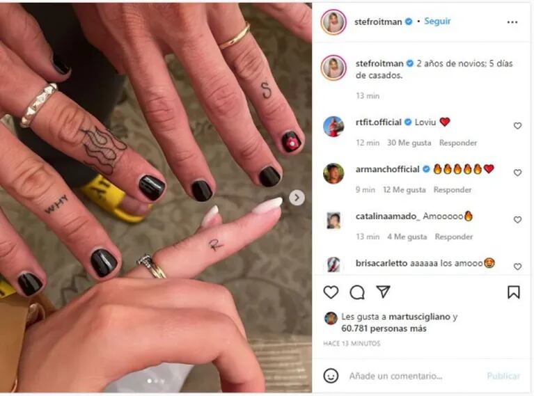 Stefi Roitman y Ricky Montaner se tatuaron sus iniciales tras su boda: "2 años de novios y 5 días de casados"