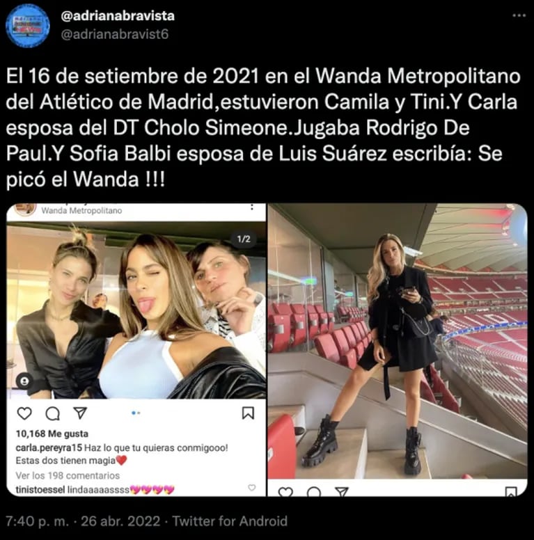 Las fotos de Camila Homs y Tini Stoessel en el estadio el mismo día mientras jugaba Rodrigo de Paul: "Se picó"
