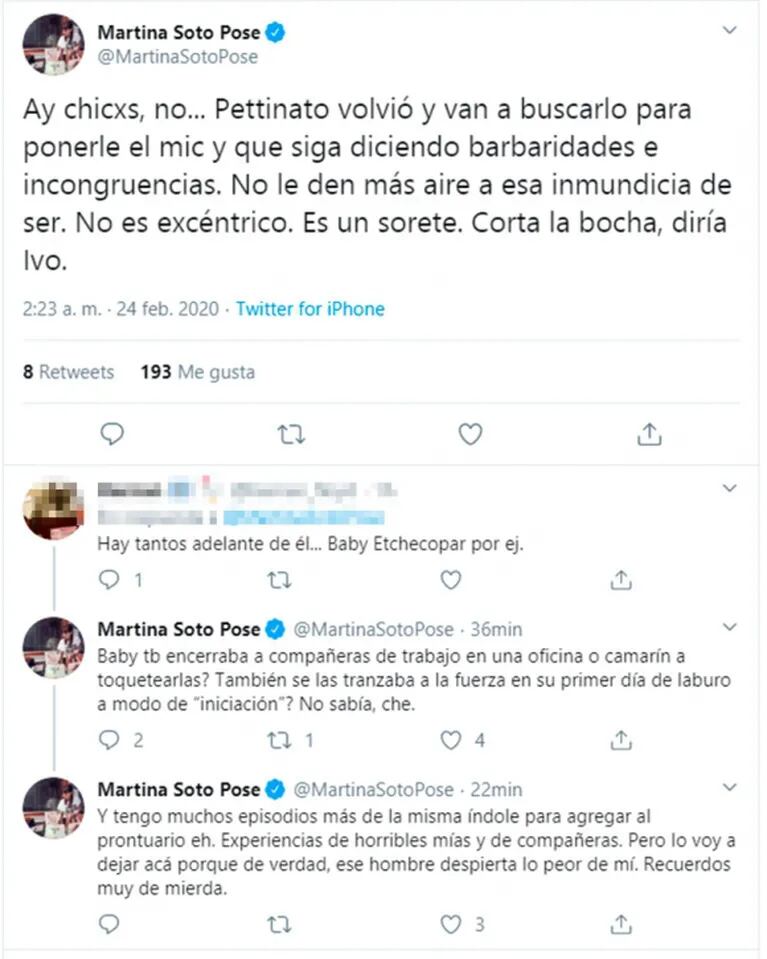 Fuerte tweet de Martina Soto Pose tras la reaparición pública de Roberto Pettinato: "Inmundicia de ser"