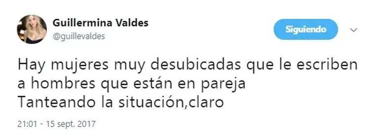 El fuerte tweet de Guillermina Valdés... ¿dedicado a alguien que quiso acercarse a Tinelli?: "Hay mujeres muy desubicadas que le escriben a hombres que están en pareja"