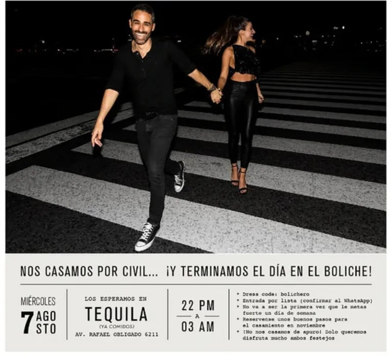 La particular invitación del Pollo Álvarez y Tefi Russo a su boda por Civil: dress code, "bolichero" 