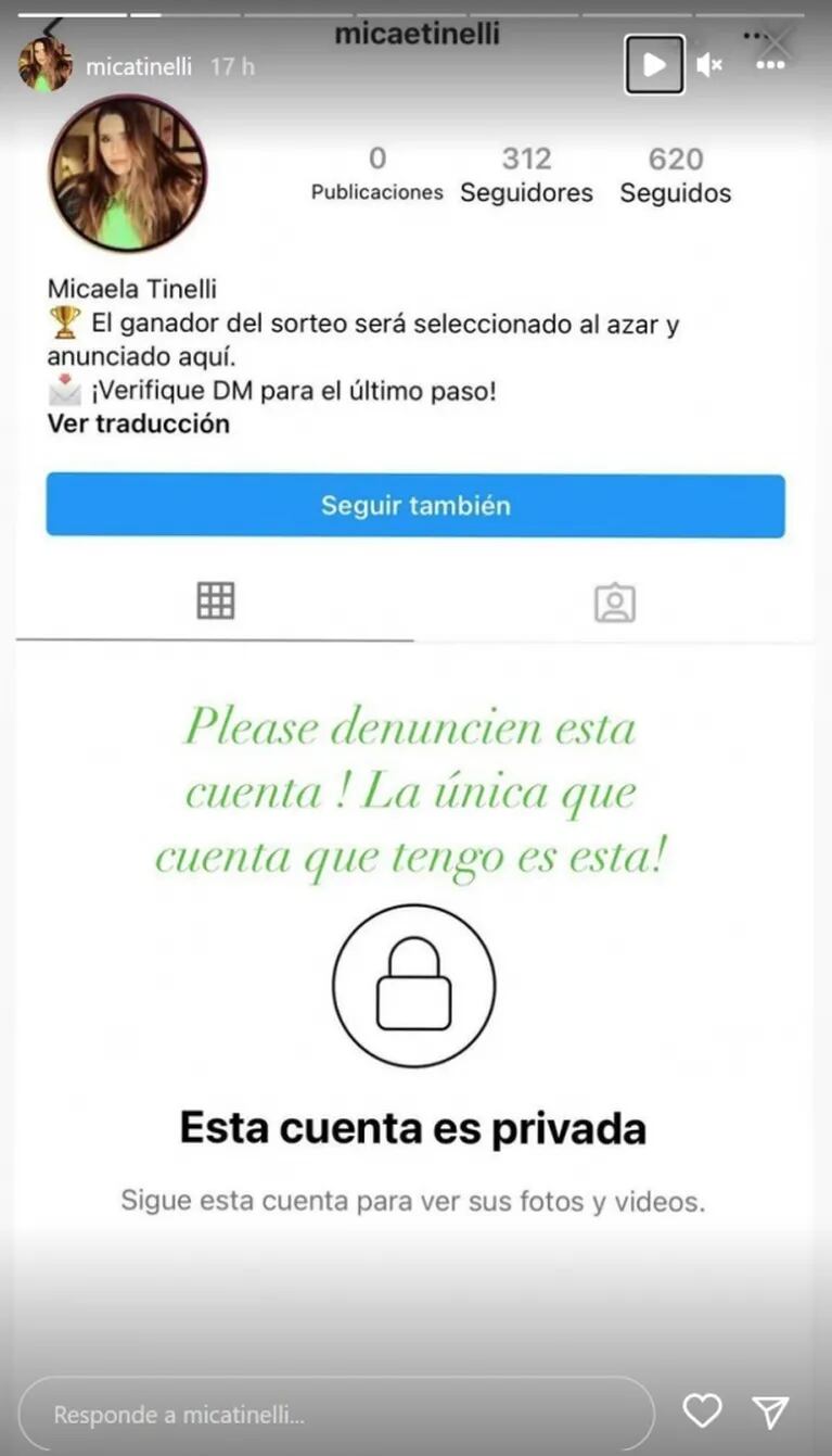 Mica Tinelli denunció que una cuenta trucha se hace pasar por ella en Instagram