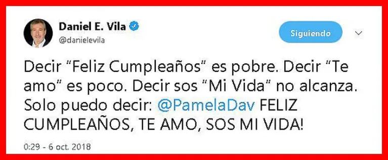 El cariñoso tweet de Daniel Vila a Pamela David por su cumpleaños... ¡que ella leyó 4 días después!