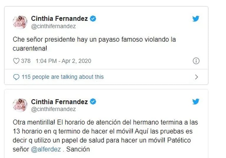 Cinthia Fernández arremetió contra Baclini al verlo dar un largo móvil en la calle: "Presidente, hay un payaso violando la cuarentena"