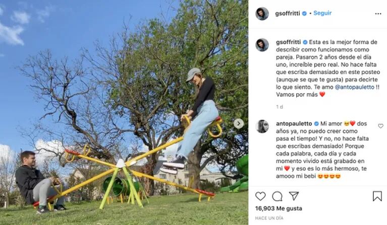 Gastón Soffritti y una declaración mega romántica a su novia por su segundo aniversario: "Te amo, vamos por más"