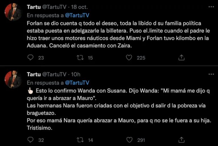 Los escandalosos tweets de Tartu contra Wanda y Zaira Nara: "Recibieron la presión de salir de la pobreza y lo lograron a la antigua"