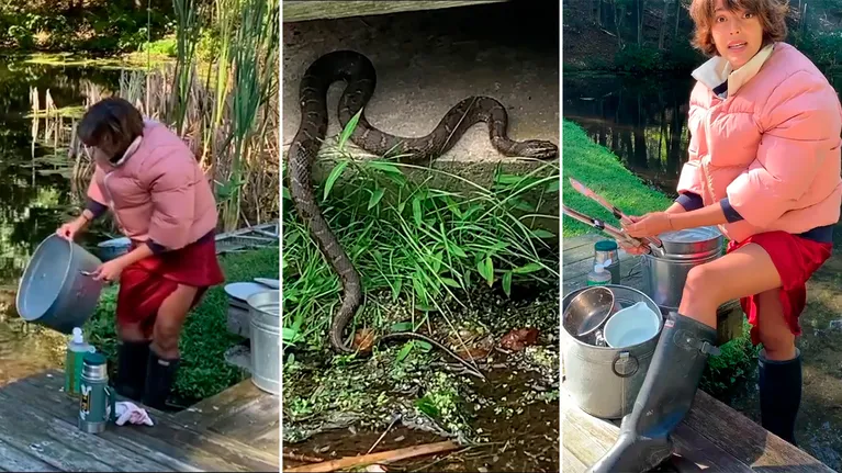 La vida silvestre de Calu Rivero: lava platos en un estanque mientras una víbora la acecha