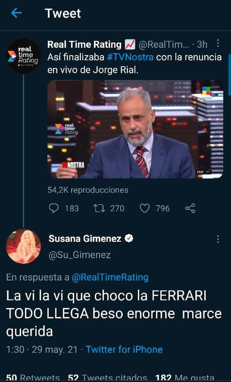 Susana Giménez mandó un polémico tweet por error festejando el abrupto final de TV Nostra, el programa de Rial: "Todo llega"