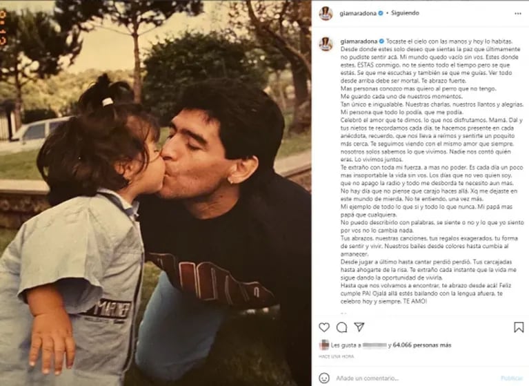 Fuerte posteo de Gianinna dedicado a Diego Maradona en el día de su cumpleaños: "Más personas conozco, más quiero al perro que no tengo"