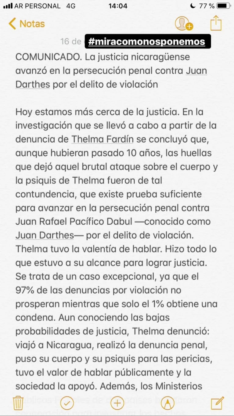La reacción de Thelma Fardin en redes tras la acusación de violación y pedido de captura contra Juan Darthés 