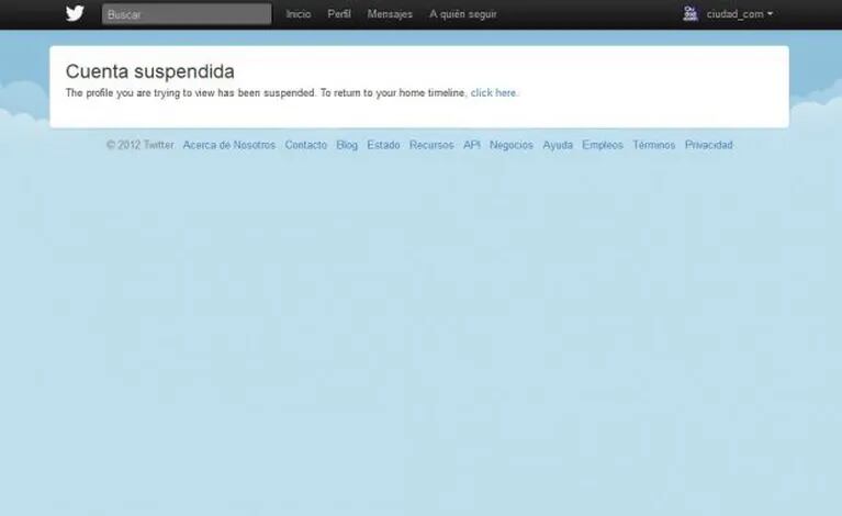 Así figura la cuenta @cuervotinelli al querer ingresar en su timeline: "cuenta suspendida". (Captura: @