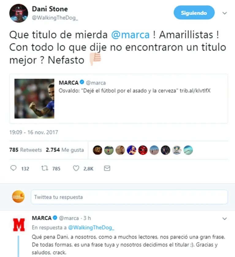 Daniel Osvaldo volvió a Twitter y estalló furioso contra el diario Marca por una nota: "¡Amarillistas! Qué título de mie…. Nefasto"
