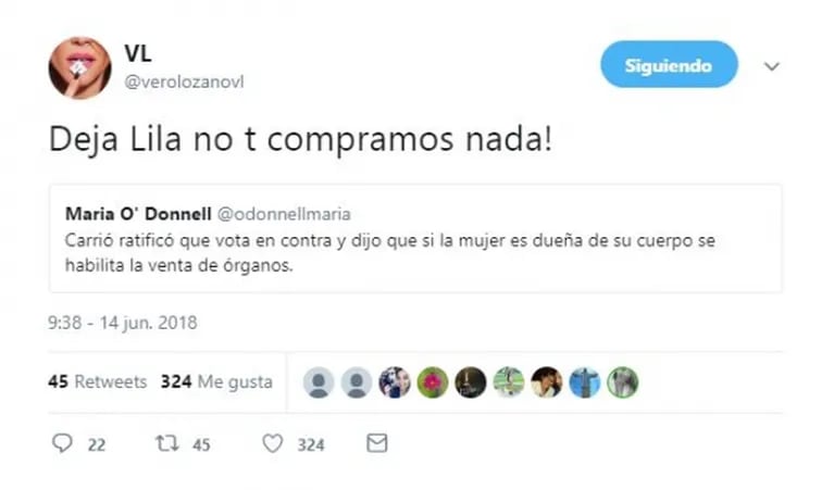 Durísimos tweets de Vero Lozano contra Elisa Carrió en el debate por el aborto legal: "Das pena, sos el mal"