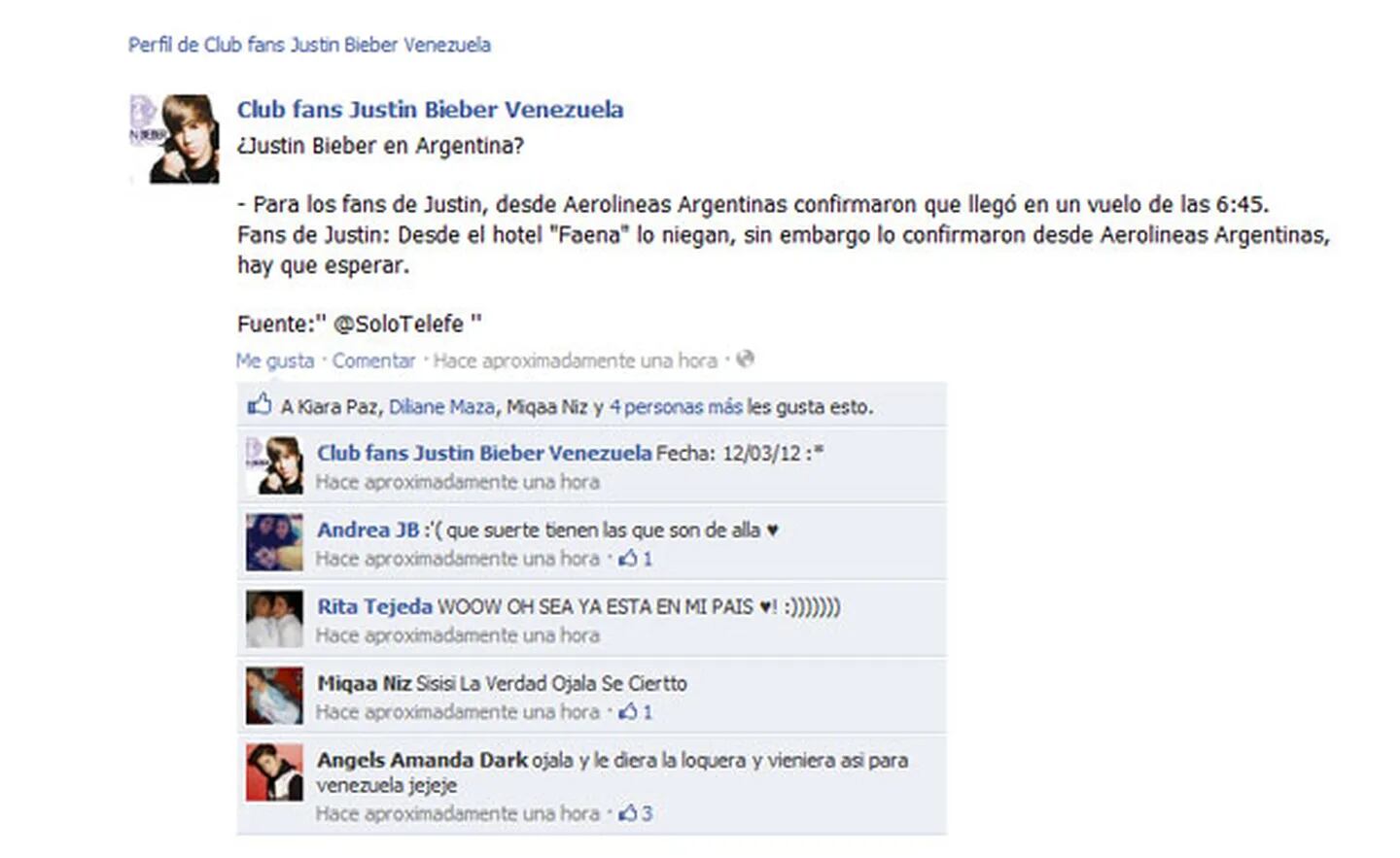 ¿Justin Bieber está en la Argentina? Según su Club de fans, sí. (Foto: Facebook del Club de Fans de Justin en Argentina)