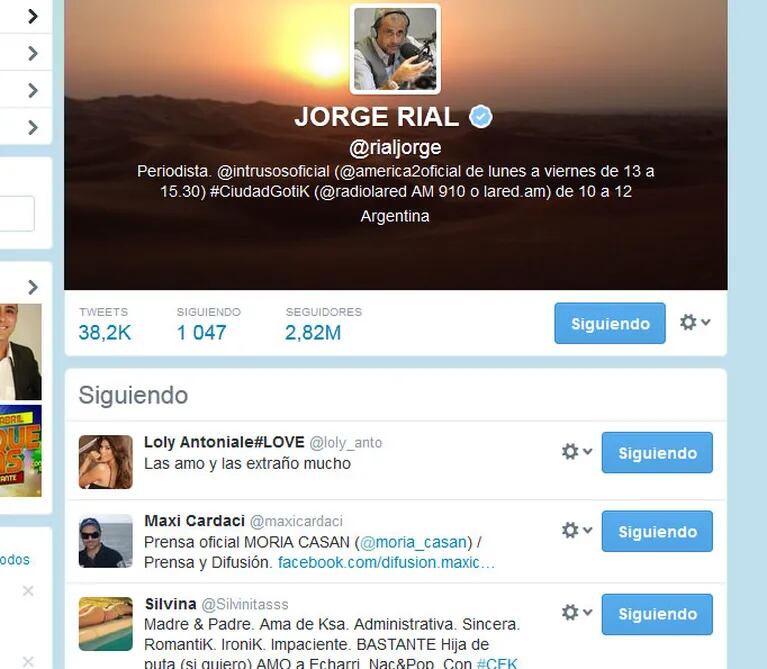 Jorge Rial volvió a seguir a Loly Antoniale en Twitter. (Foto: Twitter)