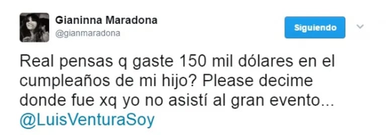 La información de Luis Ventura que hizo estallar a Gianinna Maradona en Twitter: "¿Realmente pensás que gasté 150 mil dólares en el cumpleaños de mi hijo?"