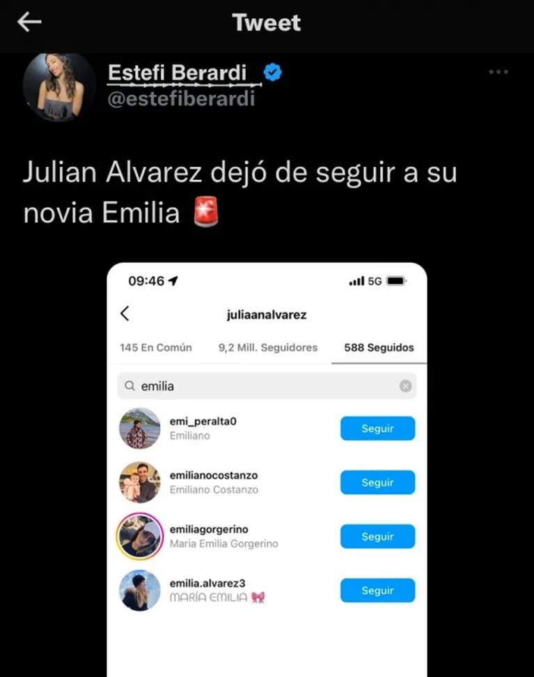 Estefi Berardi mostró que Julián Álvarez no sigue a su novia en Instagram