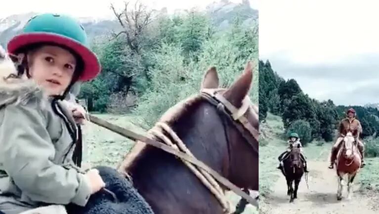 Zaira filmó a su hija cabalgando con su papá.