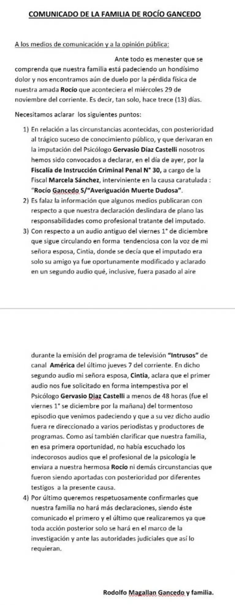 El comunicado de la familia de Rocío Gancedo sobre Gervasio Díaz Castelli