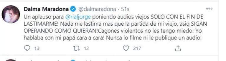 Dalma Maradona, furiosa con Jorge Rial tras compartir un audio de Diego: "Cagones, violentos, ¡no les tengo miedo!"