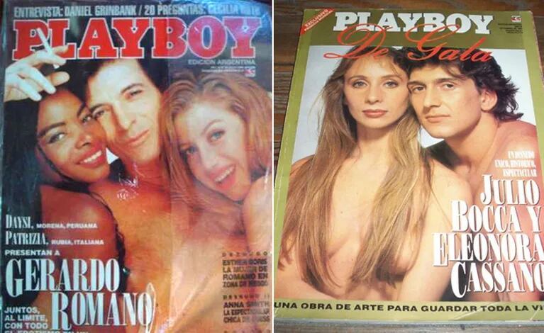 Gerardo Romano (con dos conejitas) y Julio Bocca (junto a Eleonora Cassano), cuando fueron tapa de Playboy.