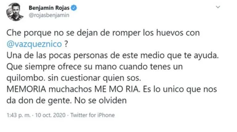 Benjamín Rojas salió a defender con fuerza a Nico Vázquez: "Una de las pocas personas que ayuda en este medio"