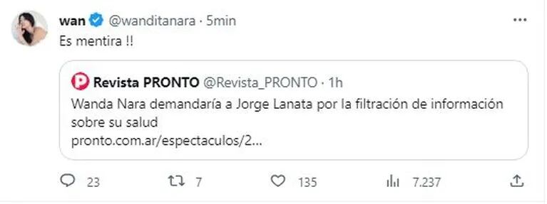 Firme reacción de Wanda Nara sobre la posibilidad de demandar a Jorge Lanata por hablar de su salud: "Es mentira"