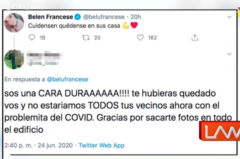 Los furiosos tweets de una vecina de Belén Francese, luego de que la actriz se contagiara coronavirus: "Culpa tuya hay Covid en el edificio"