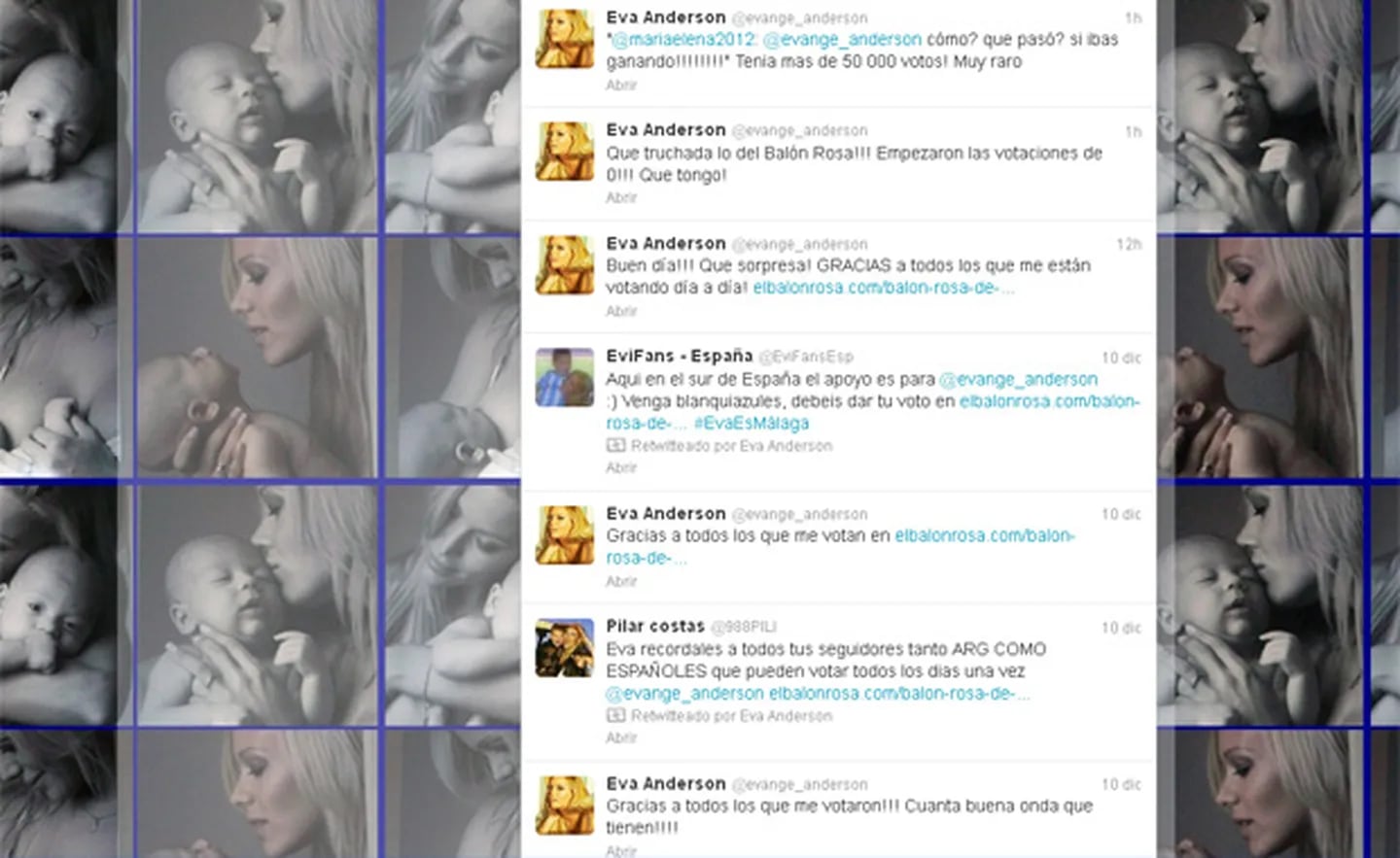 El Twitter de Evangelina Anderson, haciendo RT de sus seguidores, que pedía que votaran por ella. (Captura: @evange_anderson)